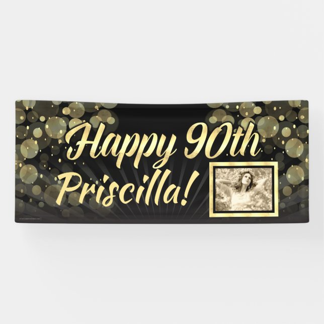 Gold Photo 90th Birthday Party Decoration Banner (Horizontal)