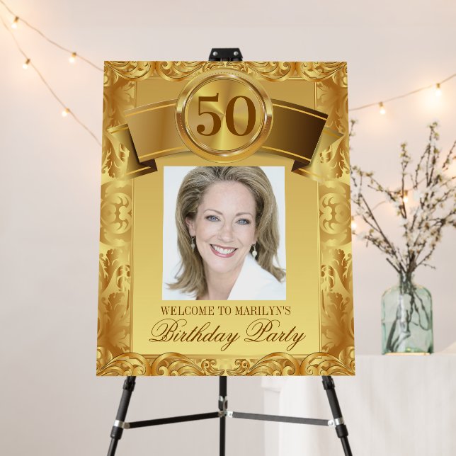 Gold Photo Birthday Party Welcome Sign Any Number (In Situ (Stand))