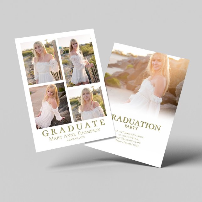 Gold Photo Collage Graduation Party Elegant Invitation (Graduation photo collage graduation template. )