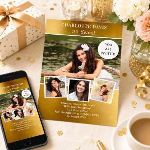 Gold photo collage luxury birthday invitation