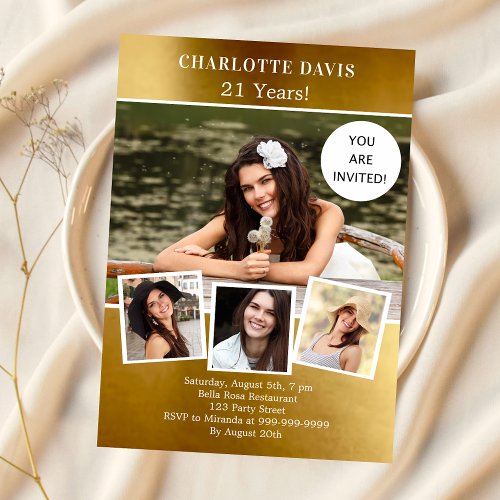 Gold photo collage luxury birthday invitation