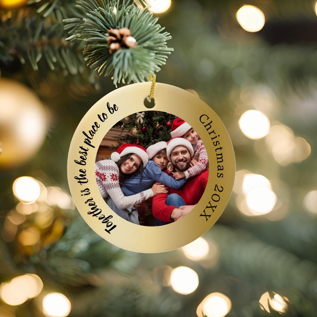 Gold photo family together quote Christmas Ceramic Ornament (Creator Uploaded)