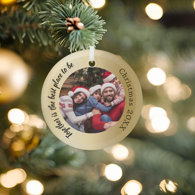 Gold photo family together quote Christmas Glass Ornament (Creator Uploaded)