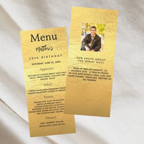 Gold photo fun facts birthday menu card