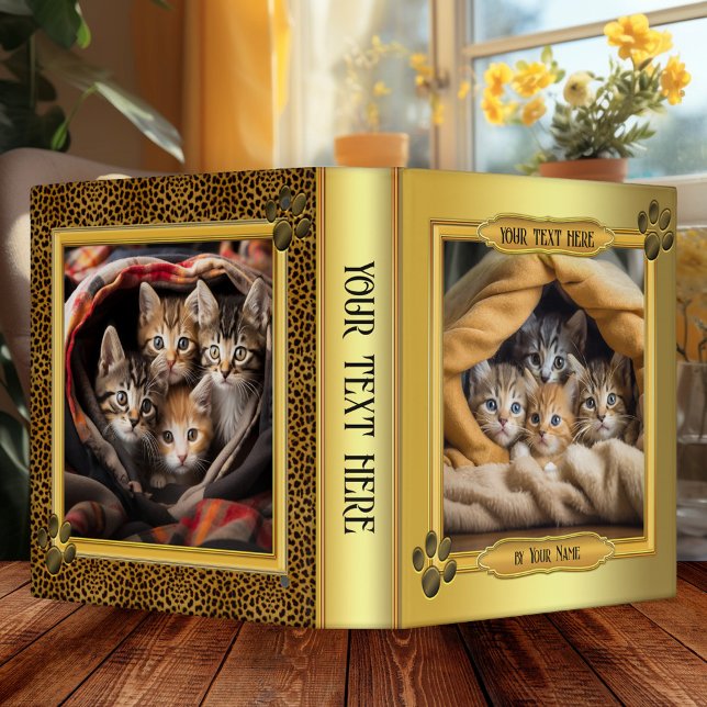 Gold Photo Kittens Binder (Binder featuring your photos framed by a classy gold stylized design with paw prints)