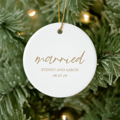 Gold Photo Modern First Christmas Married Ceramic Ornament