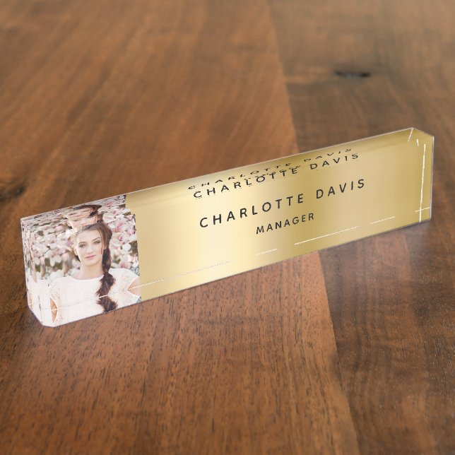 Gold photo monogram modern employee desk name plate (Side)