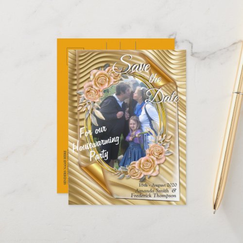 Gold photo paper with Elegant Roses  Announcement Postcard