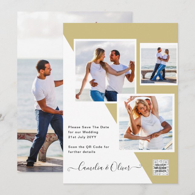 Gold PHOTO QR CODE Wedding Invite or Save Date (Front/Back)