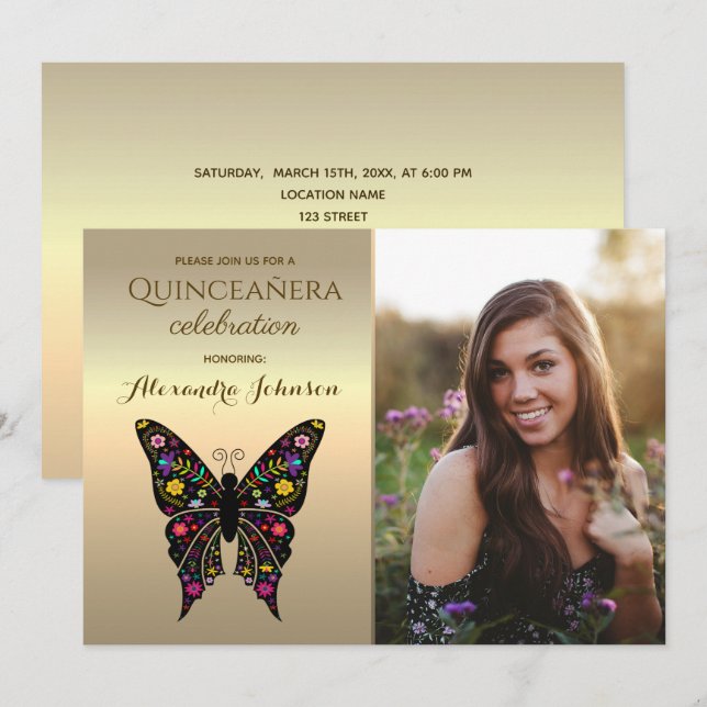 Gold Photo Quinceanera 15th Birthday Invitation (Front/Back)