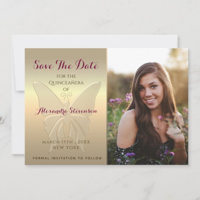Gold Photo Quinceanera Save The Date (Front)