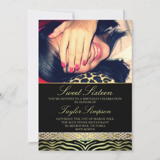 Gold Photo Zebra Print Sweet16 Birthday invite (Front)