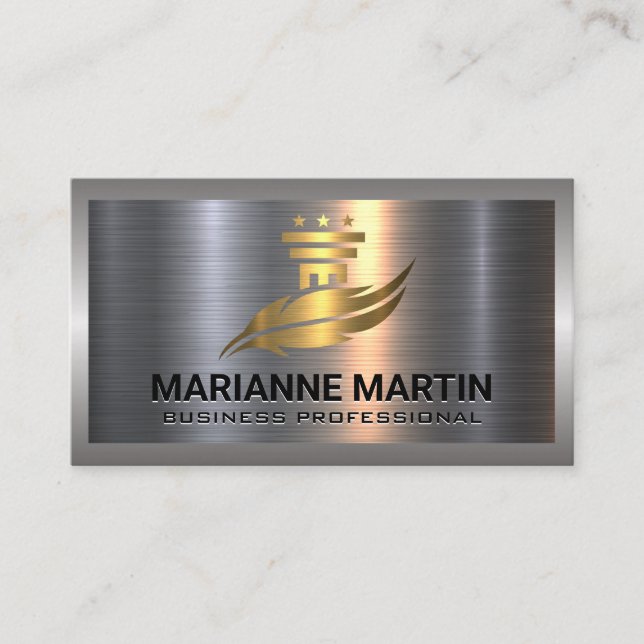 Gold Pillar and Feather Logo | Metal Aluminum Business Card (Front)