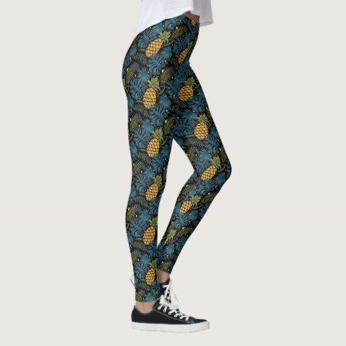 Gold pinapples black palm tree leaves leggings