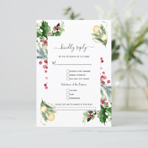 Gold Pine Berry Christmas Song Request Wedding  RSVP Card