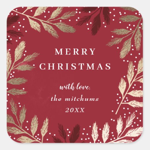 Gold Pine Branch Red Merry Christmas Holiday Square Sticker