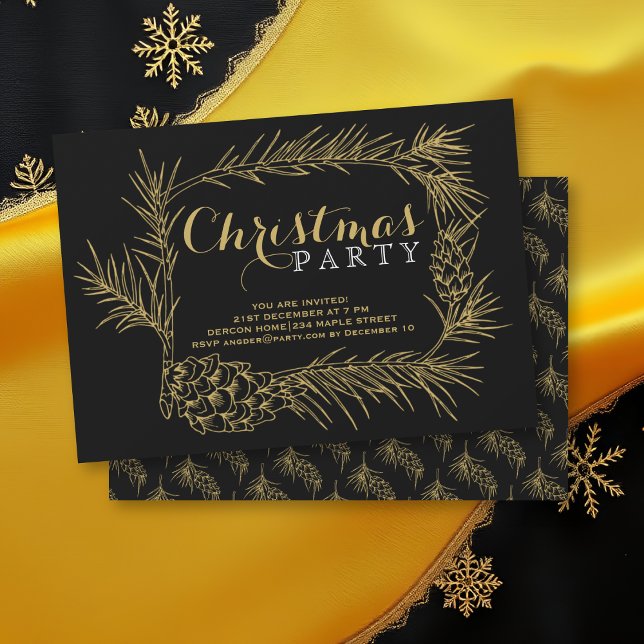 Gold pine branch with cones black Christmas party Invitation (Creator Uploaded)