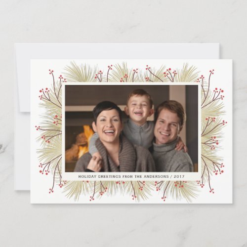 Gold Pine Branches Wreath Holiday Photo Flat Card