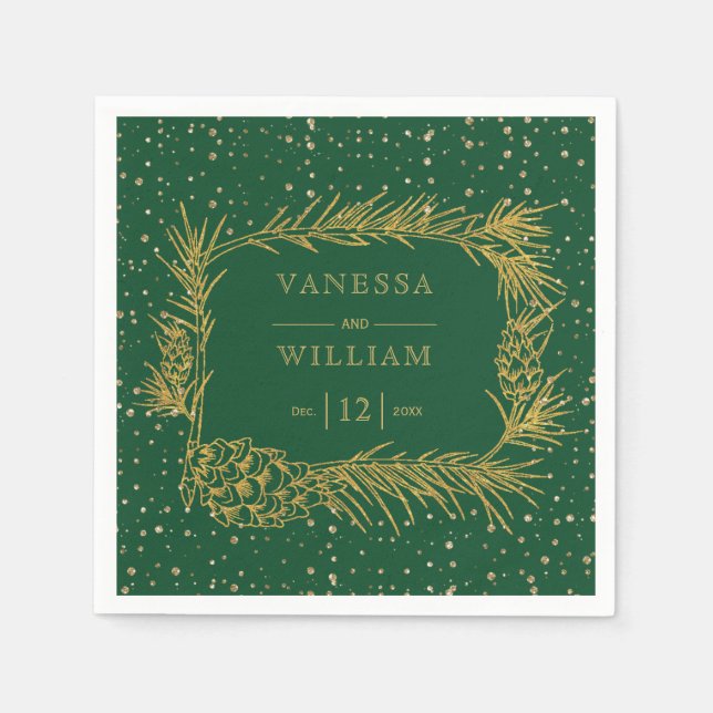 Gold pine, cones emerald green Christmas wedding Napkins (Front)