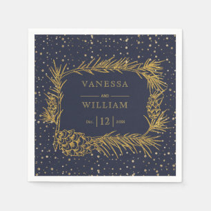 Gold pine, cones midnight blue Christmas wedding Napkins