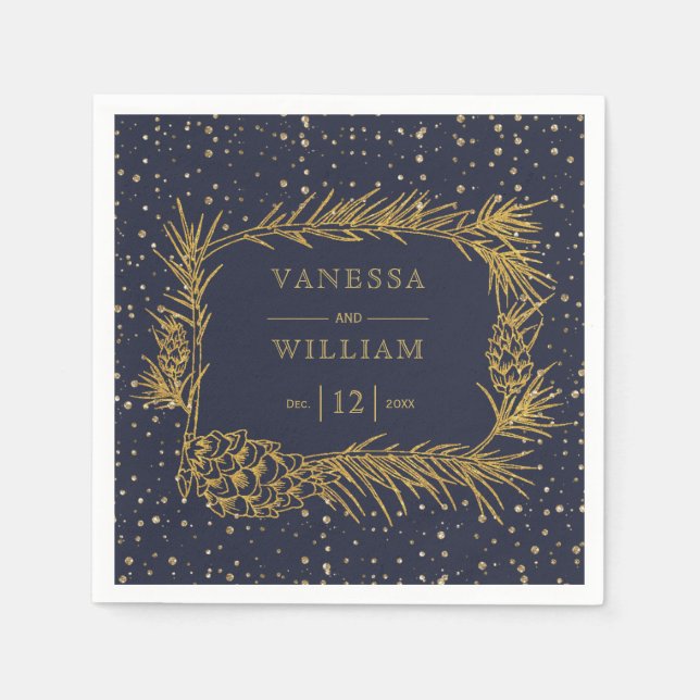 Gold pine, cones midnight blue Christmas wedding Napkins (Front)