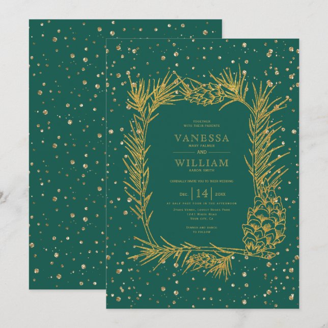 Gold pine, confetti evergreen green winter wedding invitation (Front/Back)