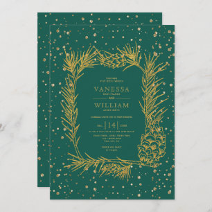Gold pine, confetti evergreen green winter wedding invitation