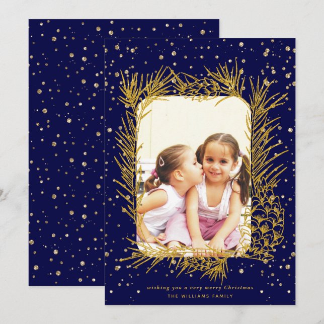 Gold pine frame confetti navy blue Christmas photo Holiday Card (Front/Back)