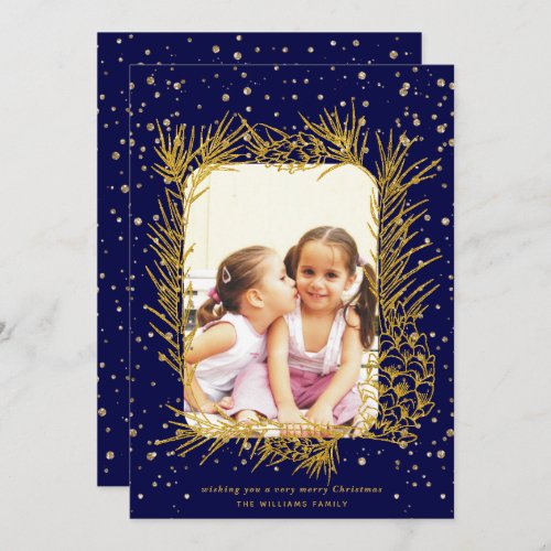 Gold pine frame confetti navy blue Christmas photo Holiday Card
