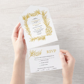 Gold pine frame with cone winter Christmas wedding All In One Invitation