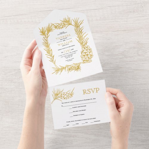 Gold pine frame with cone winter Christmas wedding All In One Invitation