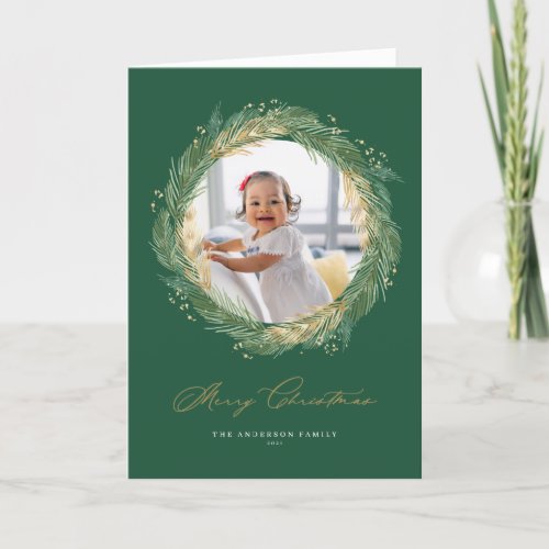 Gold Pine Needles Wreath Green Christmas Photo Holiday Card