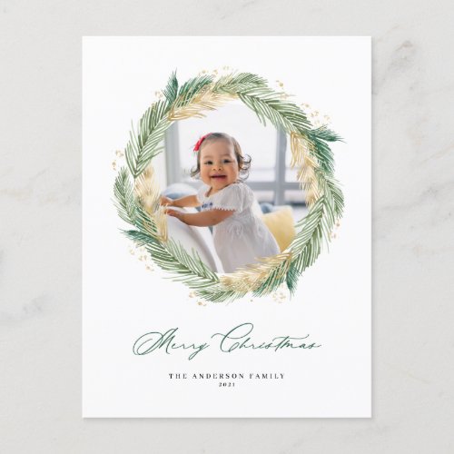 Gold Pine Needles Wreath Merry Christmas Photo Holiday Postcard