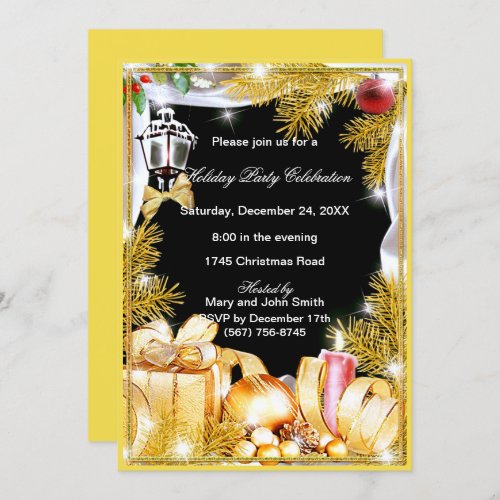 Gold Pine Ornaments Christmas Party Invitation