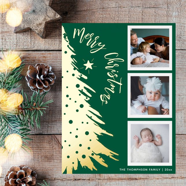 Gold Pine Tree 3 Photo Collage Christmas Foil Holiday Postcard (Creator Uploaded)