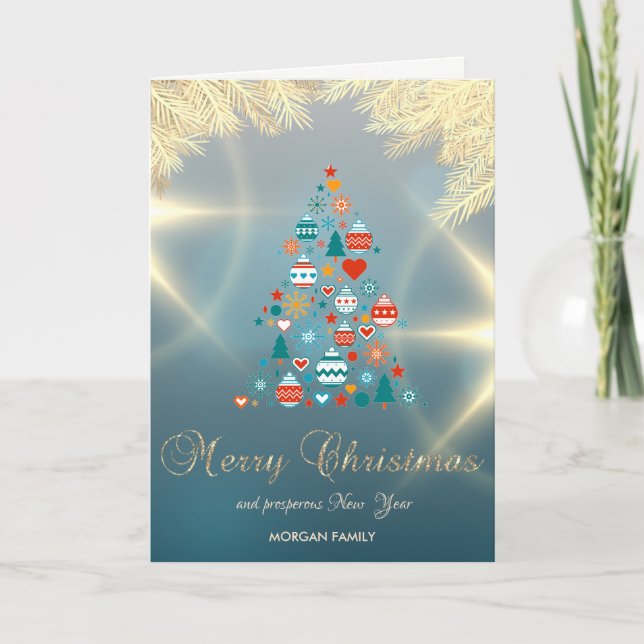 Gold Pine Tree Branches Colorful Balls Holiday Card (Front)
