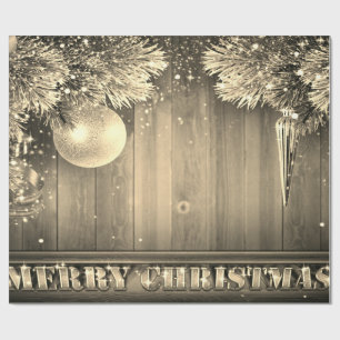 Gold Pine Tree Branches,Ornaments,Wood Holiday Wrapping Paper