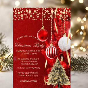 Gold Pine Tree,Dots,Balls Red Company Party Invitation