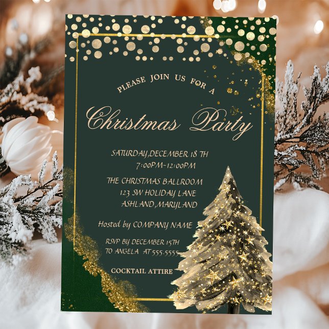 Gold Pine Tree,Dots Green Company Christmas Party Invitation (Creator Uploaded)