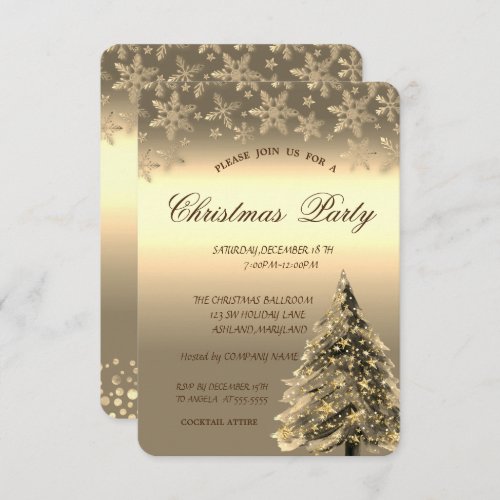 Gold Pine TreeDots Snowflakes Christmas Party Invitation