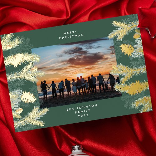 Gold Pine Tree Merry Christmas Emerald Photo Foil Holiday Card