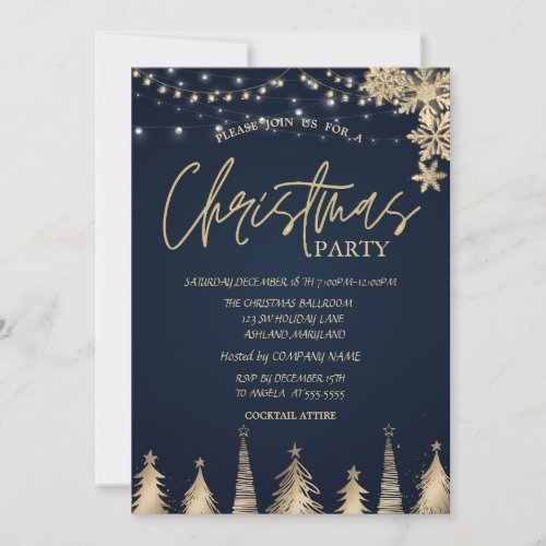 Gold Pine Tree Snowflakes Blue Christmas Company Invitation