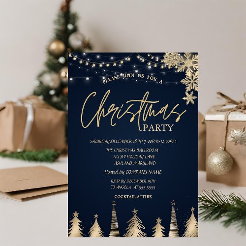 Gold Pine Tree Snowflakes Blue Christmas Company Invitation