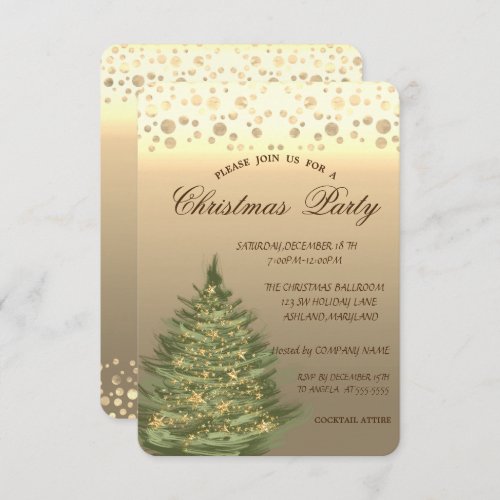 Gold Pine TreeStarsDots  Christmas Party Invitation