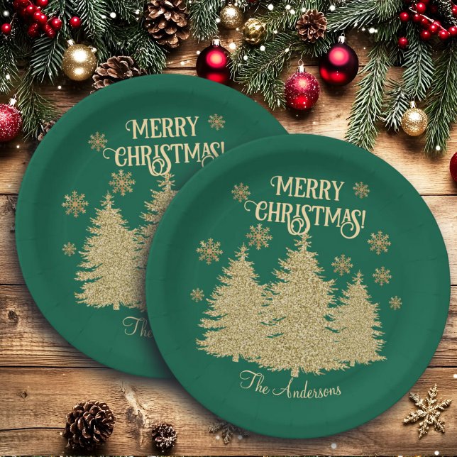 Gold Pine Trees Gold Snowflakes Paper Plates (Creator Uploaded)