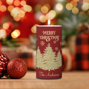 Gold Pine Trees Gold Snowflakes Pillar Candle