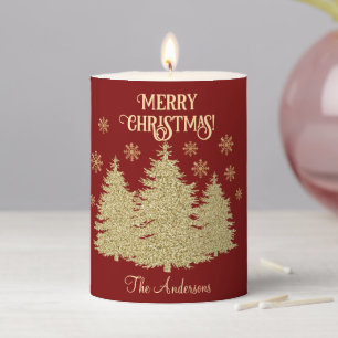 Gold Pine Trees Gold Snowflakes Pillar Candle