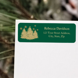 Gold Pine Trees Gold Snowflakes Return Address Label