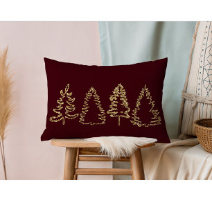 Gold Pine Trees I Burgundy Lumbar Pillow