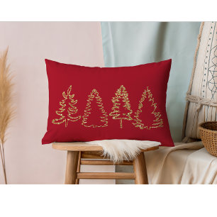 Gold Pine Trees I Christmas Red Lumbar Pillow